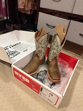 HYER Brown Leather Western Boots with Light Blue Embroidered Shaft
